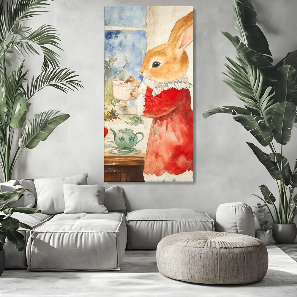 Tablou canvas cu tablou canvas cu iepuras care bea ceai, fara rama, pe sasiu de lemn, pe perete intr-un living
